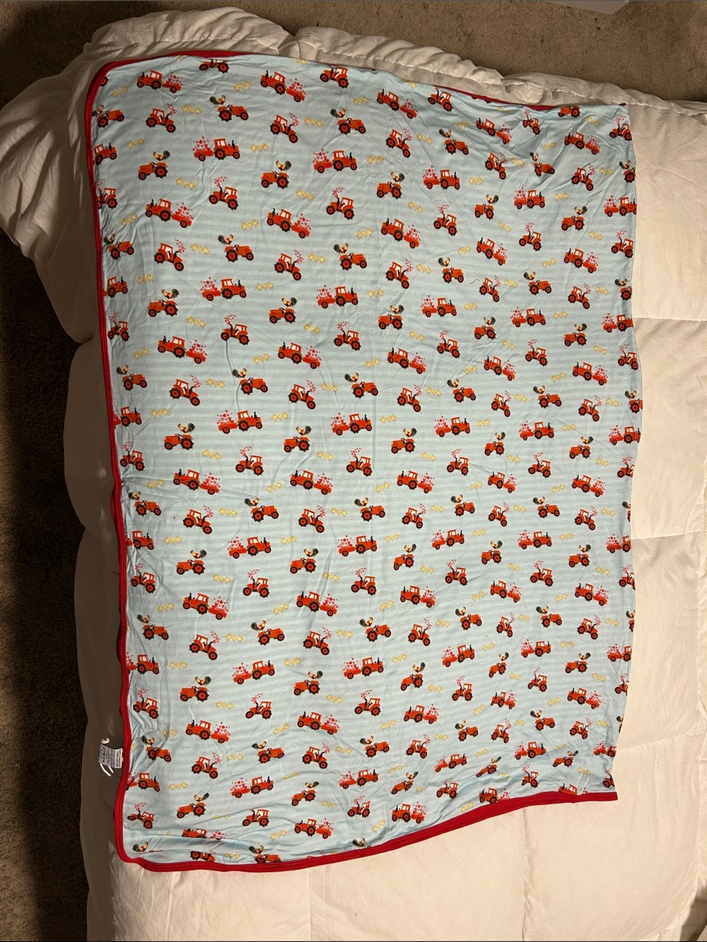 NWT Free Birdies Reversible Red Stripe & Blue Tractors Print Kids Blanket